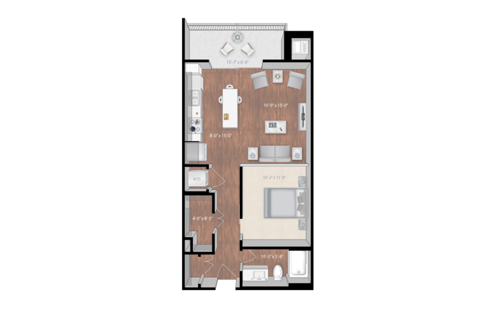 Valley - Studio floorplan layout with 1 bathroom and 690 square feet (2D)