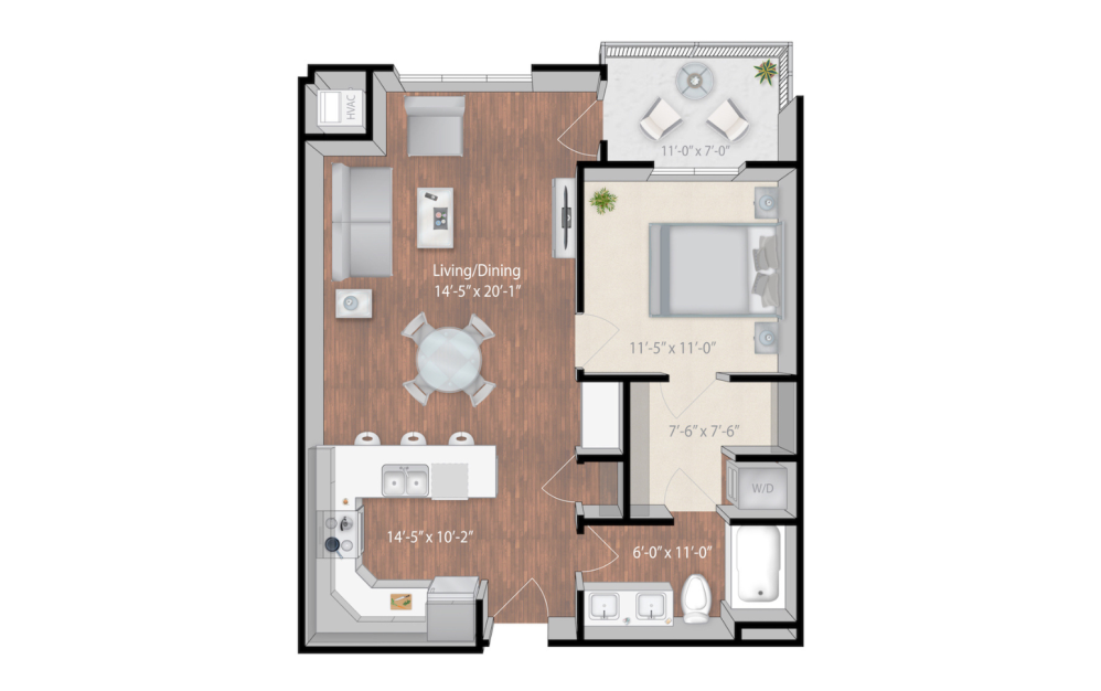 Colorado - 1 bedroom floorplan layout with 1 bathroom and 812 square feet (2D)