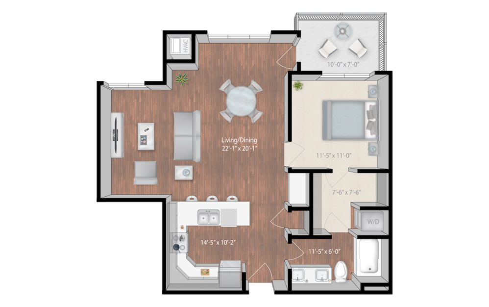 Oak Grove - 1 bedroom floorplan layout with 1 bathroom and 922 square feet (2D)