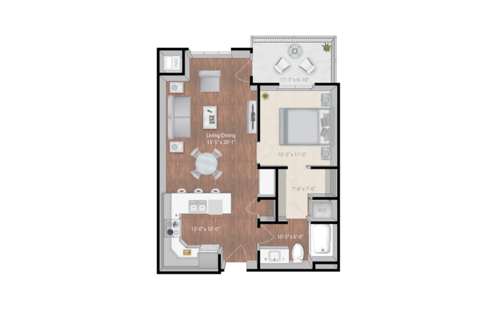 Schreiber - 1 bedroom floorplan layout with 1 bathroom and 740 square feet (2D)