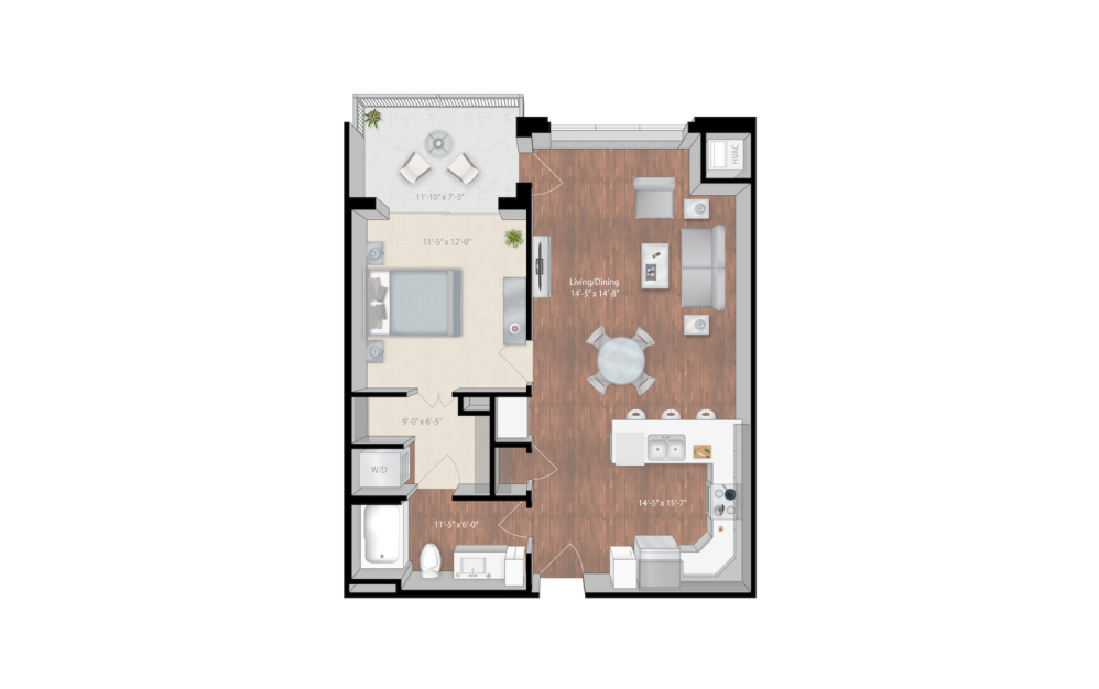 Jefferson - 1 bedroom floorplan layout with 1 bathroom and 795 square feet (2D)