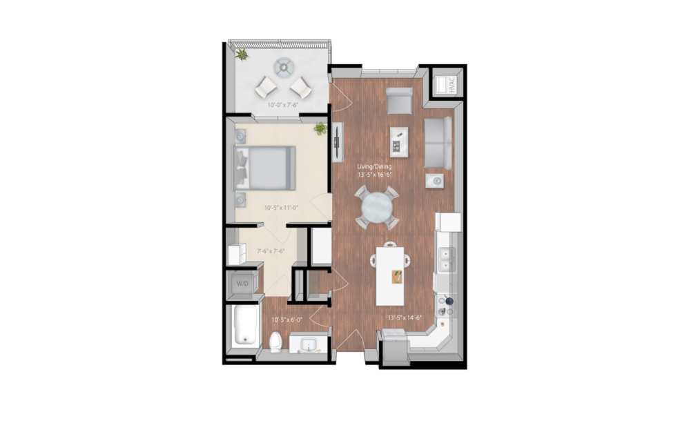 Noble - 1 bedroom floorplan layout with 1 bathroom and 748 square feet (2D)