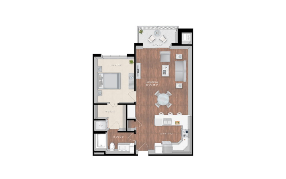 Yukon - 1 bedroom floorplan layout with 1 bathroom and 864 square feet (2D)