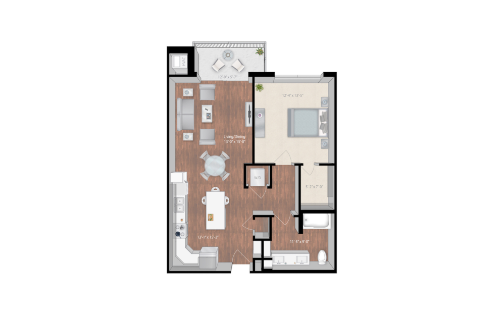 Pleasant - 1 bedroom floorplan layout with 1 bathroom and 852 square feet (2D)