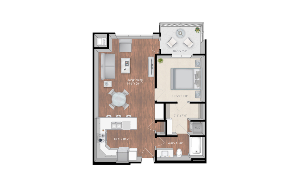 Welcome - 1 bedroom floorplan layout with 1 bathroom and 808 square feet (2D)