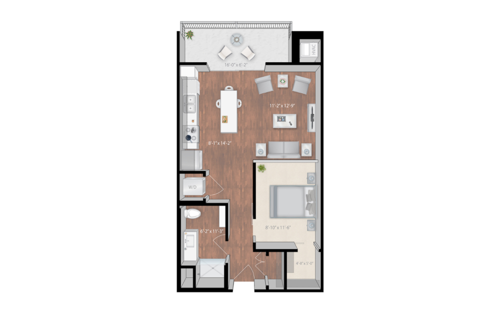 Kimball - Studio floorplan layout with 1 bathroom and 664 square feet (2D)